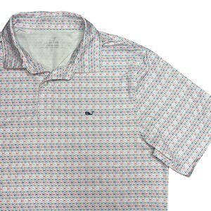 Vineyard Vines Performance Polo Men's Large Shirt White Multicolor Whale Print